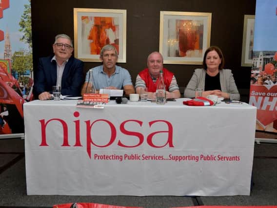 Speakers at the NIPSA rally in the City Hotel on Friday, left to right: Gerry Murphy, President, Irish Congress of Trade Unions, Niall McCarroll, Chairperson of Derry Trades Union Council, Ruaidhri O Sandair, NIPSA representative, and Carmel Gates, Deputy General Secretary, NIPSA.  DER3019GS-067