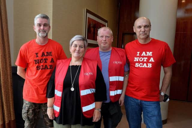 Barry Frazer, Lorna McGowan, Gerald Hasson and Jim McGinley attended the NIPSA rally held in the City Hotel Recently.  DER3019GS-066