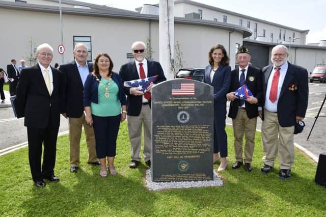 The Mayor, Councillor Michaela Boyle and U.S. Consul General to Belfast, Elizabeth Kennedy Trudeau, pictured with members of the United States Naval Communications Station Londonderry Northern Ireland Alumni Association, from left, James Sullivan, President, John Reigle, Vice President, Ted Nevels, Secretary, Frank Ekstrom, and Dennis Kolodziej, Treasurer, after the unveiling of the memorial in the grounds of Foyle College on Tuesday. DER3119-103KM