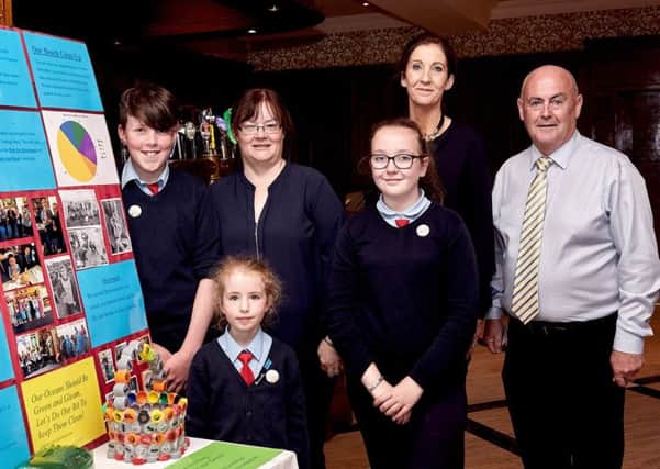 Pictured at the launch of the Catchment CARE projec in An Grianan Hotel Burt in 2018 from St. Baithins N.S, St.Johnston are Odhran Feeny, Ms. Mary Brown, Charlin McElroy, Victoria McHugh Toland, Ms. Avril Gallagher.