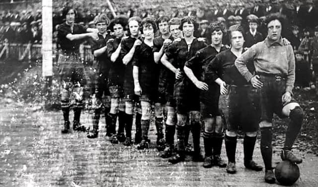 May 1927... This old photo shows the Irish Ladies team which lined-up against Rutherglen Ladies FC in Derrys Waterside in May 1927. Big Molly Seaton isnt difficult to spot. Shes pictured far left.