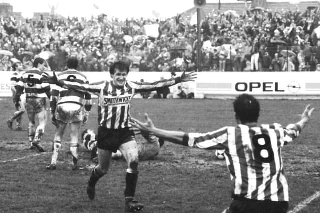 Derry City hitman, Alex Krstic celebrates one of his goals in the FAI Cup tie against Cork City at Turner's Cross in 1986.