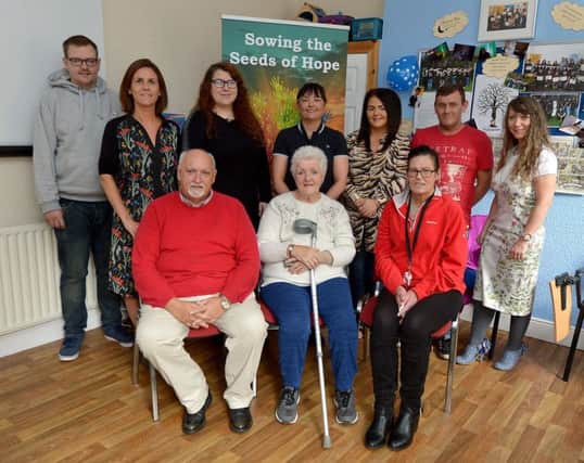 Group pictured at the recent launch of the HURT Sowing the Seeds of Hope Programme. Seated are Dessie Kyle, manager, Annette Coyle and Vivienne Gannon. Standing , from left, Johnny Scanlon, Judith McCann, Community Fund, Stephanie Hill, Peace Bytes,  Natasha Hewlett, Leona Moore, Damien Mullan and Catherine Wells. DER3719GS  023