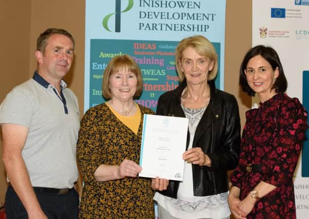 Neill Duffy, CE Supervisor, Martina Needham ETB, Collette Foley, Level 5 Certificate Major Award in Business Administration and Sinead McDaid, Tutor IDP  at the IDP Celebration of Learners' Success event in the Sliabh Sneacht Centre, Drumfries . Photo Clive Wasson