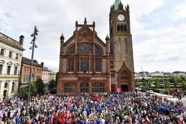 The large crowd at the O'Neill's Foyle Cup official opening in the Guildhall Square this summer. (Keith Moore)