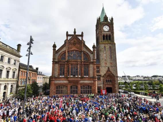 The large crowd at the O'Neill's Foyle Cup official opening in the Guildhall Square this summer. (Keith Moore)