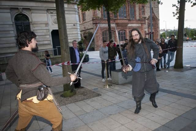 Crossing swords in Guildhall Square on Friday night, held as part of the Culture Night festivities across the city.