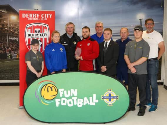 Pictured is Andrew Morgan McDonalds, Emer Rooney McDonalds, Dermond Rooney McDonalds, Amy Quigley IFA, Rory Kehoe, Derry City Ladies FC, Malcolm Roberts IFA, Kevin Doherty IFA and Trevor Erskine IFA