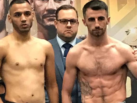 Tyrone McCullagh (right) pictured with his Golden Contract quarter-final opponent, Razaq Najib (left) and MTK Global's Lee Eaton.