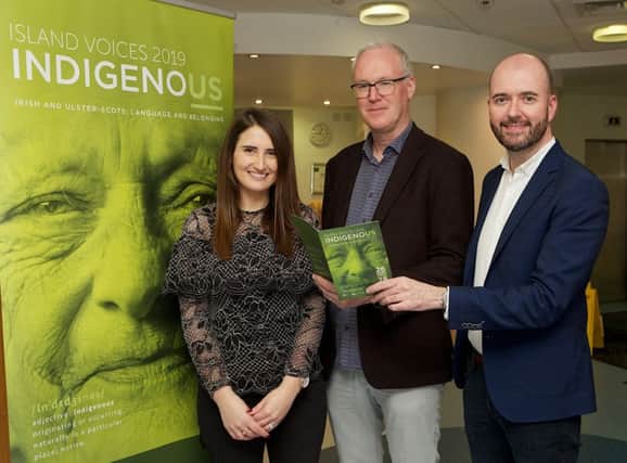 Guest speaker Mícheál B. Ó Mainnín, professor of Irish and Celtic studies, QUB, with Erin Hamilton, Irish Language Officer and on right Pól Ó Frighil, Irish language Officer, DCSDC, at the launch of Island Voices 2019 "Indigenous" in the Tower Museum. (Photo - Tom Heaney, nwpresspics)