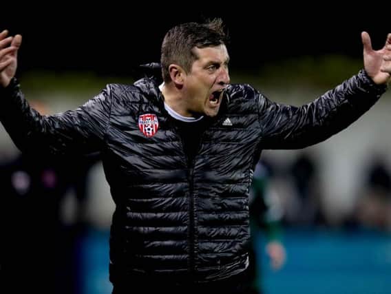 Derry City's Declan Devine screams for a penalty, at Dundalk, on Friday night.