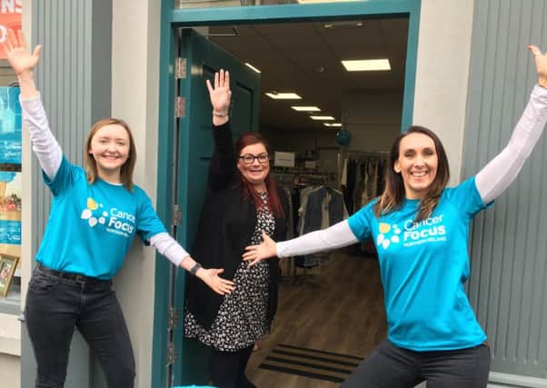 Cancer Focus NI charity shop manager Debbie Tracey (centre) with staff members Michelle Fordyce and Aoife McGovern (left) welcome much-needed good quality donations of stock with open arms.