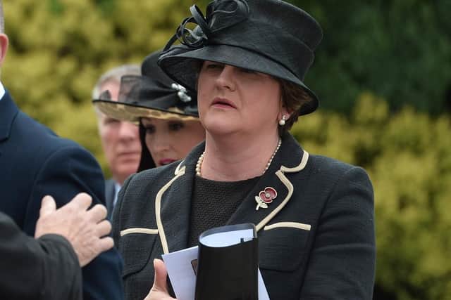 D.U.P. leader and M.L.A., Arlene Foster, pictured at Willie Frazer's funeral earlier this year. (Photo: Pacemaker)