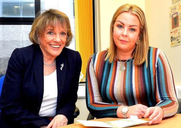 Childline Founder and President Dame Esther Rantzen pictured with local area manager Georgina McGlinchey during her recent visit to the Foyle Childline offices in Derry. DER1219GS-034