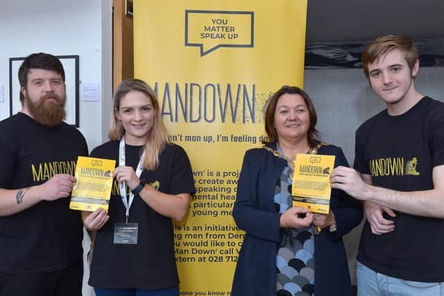Pictured at the launch of the Man Down project yesterday afternoon in the Verbal Arts centre are Sean ODonnell, Key Worker, Claire Harkin, Project Manager, Mayor of Derry City and Strabane Colr. Michaela Boyle and Oisin ODonnell, Man Down Film Production Team.  The project aims to create awareness around speaking out about mental health issues, particularly among young men.   DER4119GS  036