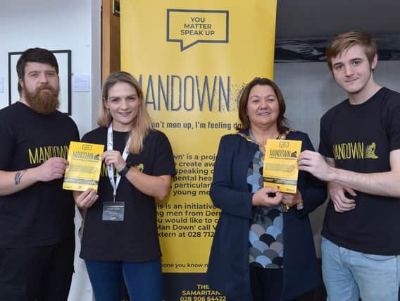 Pictured at the launch of the Man Down project yesterday afternoon in the Verbal Arts centre are Sean ODonnell, Key Worker, Claire Harkin, Project Manager, Mayor of Derry City and Strabane Colr. Michaela Boyle and Oisin ODonnell, Man Down Film Production Team.  The project aims to create awareness around speaking out about mental health issues, particularly among young men.   DER4119GS  036