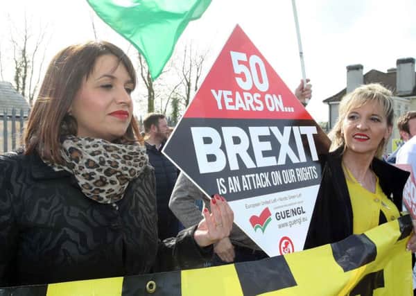 Elisha McCallion MP with Martina Anderson MEP at a previous Border Communities Against Brexit protest at the border crossing between Derry and Donegal at Bridgend. (Lorcan Doherty/PressEye)