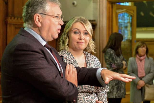 RTÉ broadcaster Joe Duffy and Irish Times Northern Correspondent Freya McClements, the authors of Children of the Troubles speaking at the launch of the book in the Guildhall on Tuesday evening last. DER4219GS  013