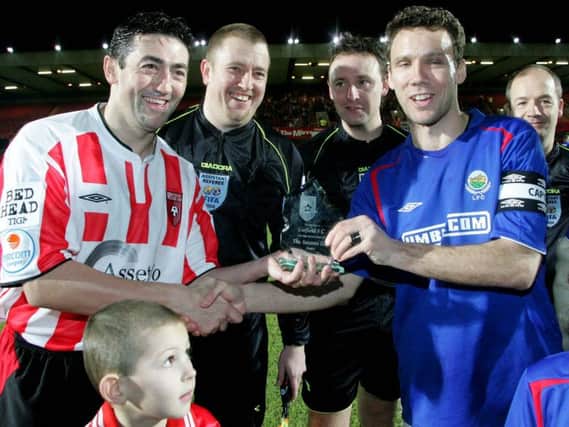 The Setanta Cup facilitiated the first competitive meeting between Derry City and Linfield in 35 years when they met at Windsor Park in February 2006. A presentation is made to ex-Derry City captain Peter Hutton, left, and Linfield captain Noel Baille to mark the occasion. The teams could meet on a regular basis should All Island league proposals come to fruition.
