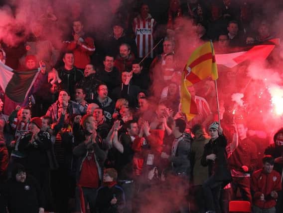 Derry City fans pictured at the 2012 Setanta Sports Cup Quarter-Final 1st Leg against Linfield at Windsor Park.