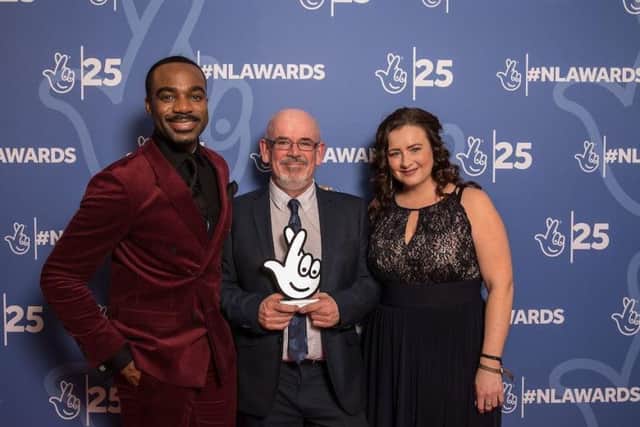 Foyle First Responder Sean Dillon and his sister Jeanette Dillon with 25th Birthday National Lottery Awards presenter Ore Oduba.