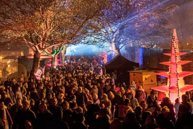 Some of the thousands of people who enjoyed the installations and performers during the first night of the Awakening of the cit's 400 years old Walls last year. Picture Martin McKeown. Inpresspics.com. 28.10.18