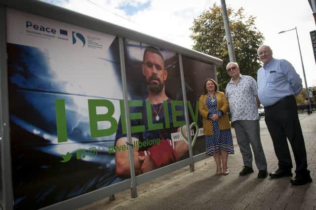 WE ALL BELONG - launching a new prejudice campaign at Foyle Street, Derry on Thursday last are Councillor Michaela Boyle, Mayor of Derry City and Strabane District Council, Mr. Stephen Birkett, and Mr. Dermot Oâ¬"Hara, Destined.(Photo: Jim McCafferty Photography)