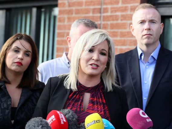 Michelle O'Neill, deputy president of Sinn Fein pictured with M.P.s Elisha McCallion and Chris Hazzard. (Photo: P.A. Wire)