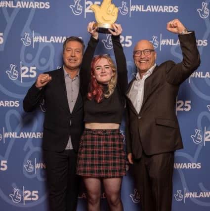 Megan Hart receives her 25th Birthday National Lottery Award from Masterchef presenters John Torode and Gregg Wallace.