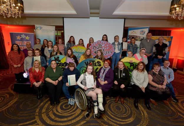 Group pictured at the Enagh Youth Forum Certificate Presentation and Celebration event held recently in the White Horse Hotel, Campsie.  Included in the picture are funding representatives Colr. Sandra Duffy, Derry and Strabane PCSP, and Amanda Doherty, National Lottery Community Fund. DER4119GS - 023