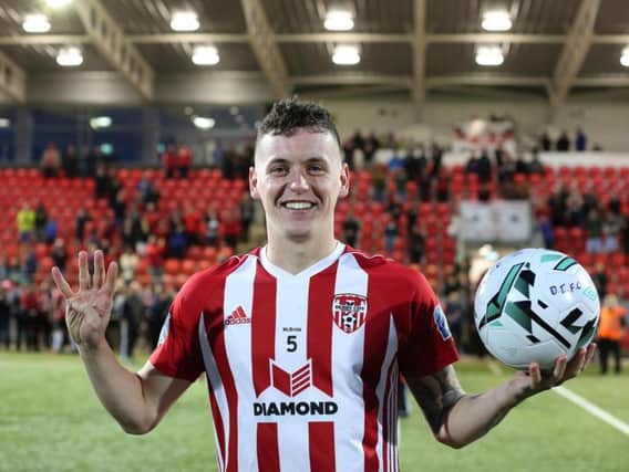 David Parkhouse, pictured with the matchball after his four goals against Waterford clinched Derry's place in the EA Sports Cup final earlier this year.