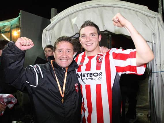 Derry City manager, John Robertson, celebrates with Kevin Deery after their League Cup Final win over Bohemians, in 2007.