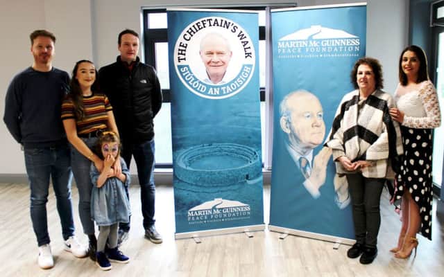 Bernie McGuinness (second from right), wife of the late Martin McGuinness, pictured at the launch of The Martin McGuinness Peace Foundation. Standing beside her is Elisha McCallion MP and, from left, the former deputy First Minister's children and grandchildren, Emmett McGuinness, Cara McGuinness, Sadhbh McGuinness and Fiachra McGuinness.