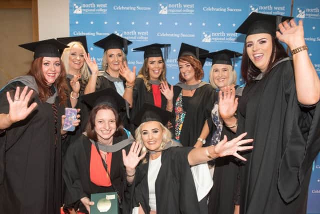 Back l-r Leona O'Donnell, Tracey Radcliffe, Olivia Buchanan, Sara Fitzpatrick, Lisa Cregan, Karen O'Kane and Charmaine Tierney. Front: Jacinta Molloy and Serena Calisti Randazo, pictured at NWRC's Higher Education Graduation Ceremony in 2018. (Pic Martin McKeown)
