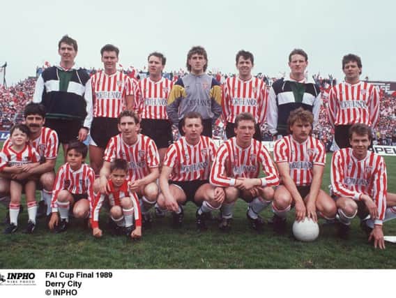 HISTORY MAKERS . . . . Derry Citys treble winners pictured ahead of the 1989 FAI Cup Final.