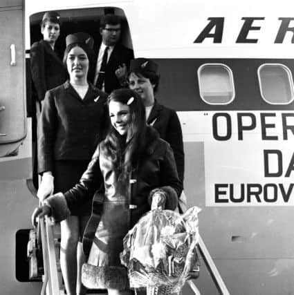 Derrys Queen of Song... Dana (Rosemary Brown) arriving on the special Aer Lingus plane back in 1970 .