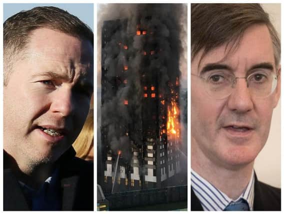 Sinn Fein MP Chris Hazzard (left) has attacked British MP and Leader of the House of Commons, Jacob Rees-Mogg over comments he made about the people who lost their lives in the Grenfell Tower tragedy in June 2017.