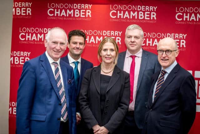 From left to right are: Brian McGrath, Derry Chamber, Richard Rodgers, Department for the Economy, Jo Aston, SONI, Cecil McBurney, RiverRidge, and Jamie Delargy