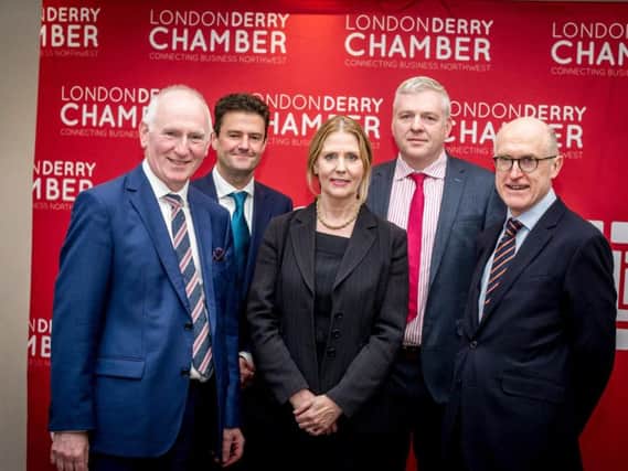 From left to right are: Brian McGrath, Derry Chamber, Richard Rodgers, Department for the Economy, Jo Aston, SONI, Cecil McBurney, RiverRidge, and Jamie Delargy