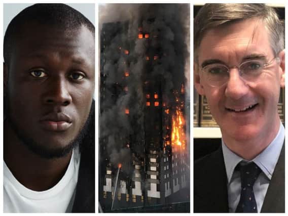 Grime artist, Stormzy (left) and Leader of the House of Commons, Jacob Rees-Mogg. Centre image shows Grenfell Tower blaze in June 2017.