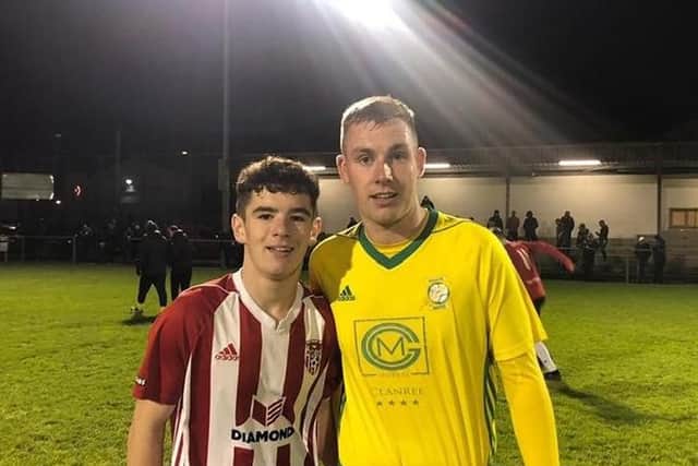 Derry City Reserves player, Orrin McLaughlin (left) and Bonagee Uniteds Sean Hume discovered they were related after clashing in an Ulster Senior League match this week.