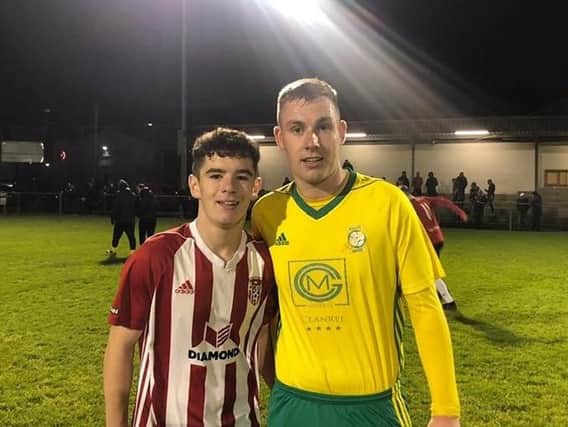 Derry City Reserves player, Orrin McLaughlin (left) and Bonagee Uniteds Sean Hume discovered they were related after clashing in an Ulster Senior League match this week.