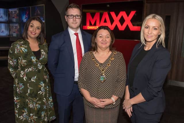 Paul John Anderson, Director Omniplex NI, with, from left, Elisha McCallion MP, Derry City and Strabane Mayor Michaela Boyle, and Aoife Thomas, Sales Manager, Holiday Inn Express, at this week's Strand Road Traders' investment event. Picture Martin McKeown.