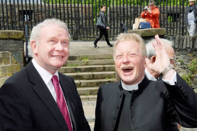 2011... Rev Dr. David Latimer chats to Deputy First Minister Martin McGuinness MLA at the re-opening and re-dedication of First Derry Presbyterian Church.