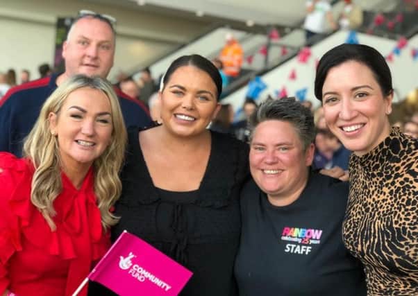Anne Marie Donnelly, Liberty Consortium, Nuala Devenny, Rainbow Project and Kerry Boyd, Autism NI, join Scarlett Moffatt at the National Lotterys 25th birthday celebrations.