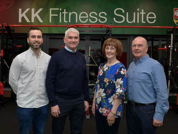 Kevin's brother, Martin King, Kevin Watson, Chairman, Slaughtmanus GAC and Kevin's parents, Margaret and John King, pictured at the blessing and official opening of the KK Fitness Suite at Slaughtmanus GAC on Friday evening last. DER4519GS - 032