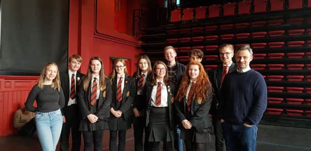 Limavady High Schools GCSE and A level drama students pictured with director Kieran Griffiths and actor Daniel McCafferty on their recent visit to The Playhouse.
