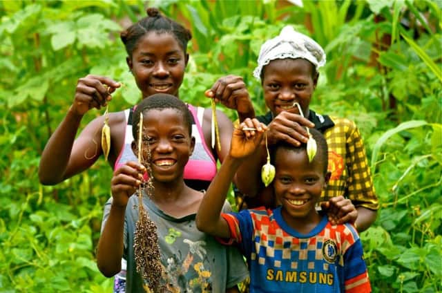 A family in northern Sierra Leone pose with seeds they received thanks to a Trócaire Gift of Seeds and Tools. This year the charity has added a new Gift of Trees, which will provide a source of food and nutrition as well as helping families to generate an income and protect the environment in countries where Trócaire work, aiding soil nutrition and preventing landslides. Last year, people across Northern Ireland bought more than £307,000 worth of Trócaire gifts, which helped over 13,000 families throughout the developing world. To find out more visit www.trocaire.org/gifts Photo: Michael Solis.