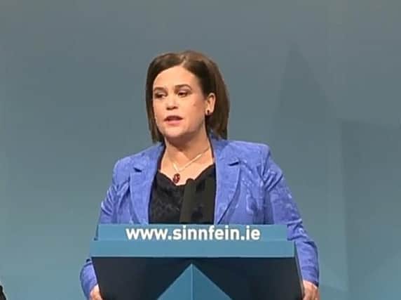 Sinn Fin president Mary Lou McDonald delivering her address to the Ard Fheis in Derry.