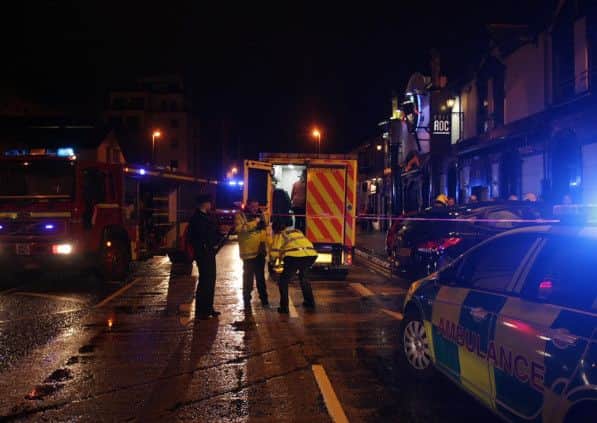 CRASH AT CAFE ROC. . . . The scene outside Cafe Roc, Strand Road tonight as two cars collided and ended up against the outside wall of the bar. It's understood three people were taken to hospital. DER5114MC113 (Photo: Jim McCafferty)